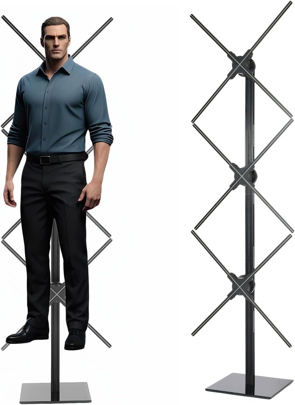 Three hologram fans spliced vertically, showing a life-size human figure floating across all three to demonstrate the actual scale