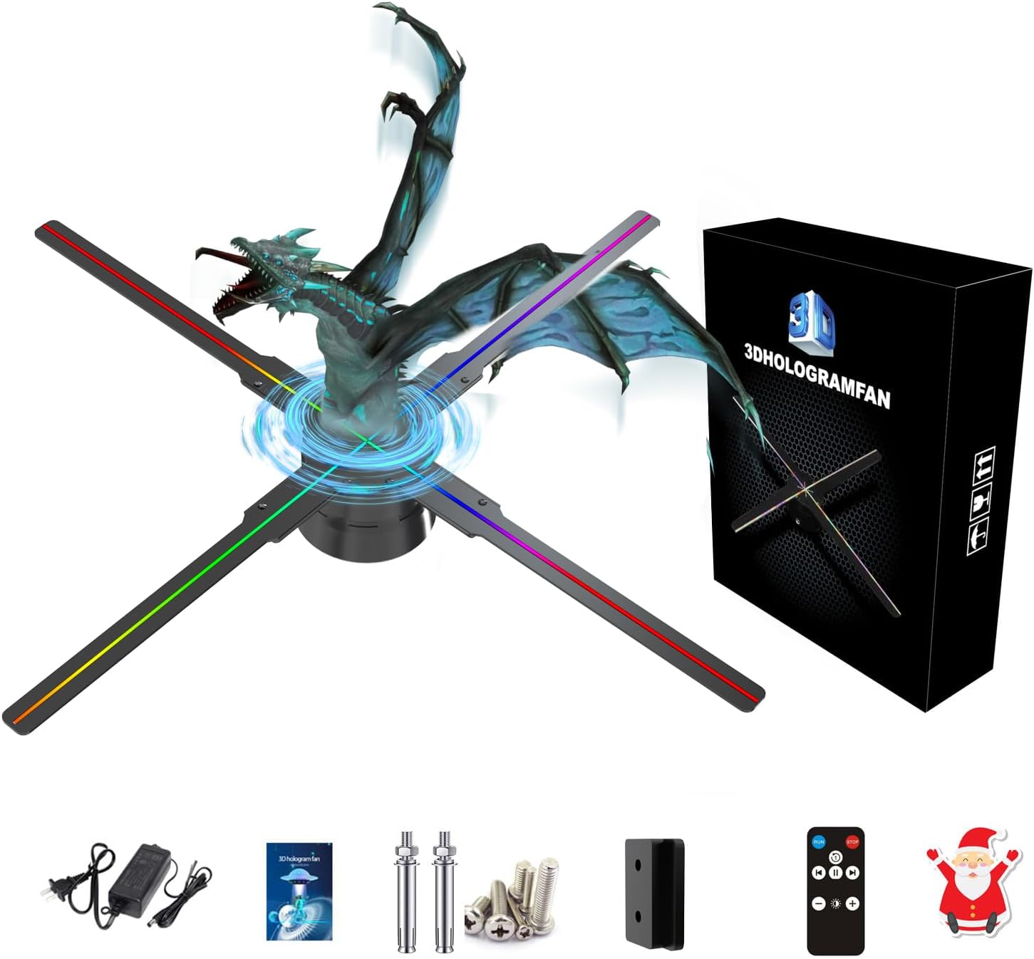 18.1 inch 3D hologram fan with everything in the box: remote, power adapter, mounting screws, and manual